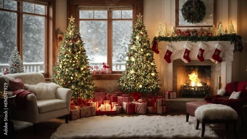 christmas celebration in living room with fireplace, snowfall outside the room in 4k