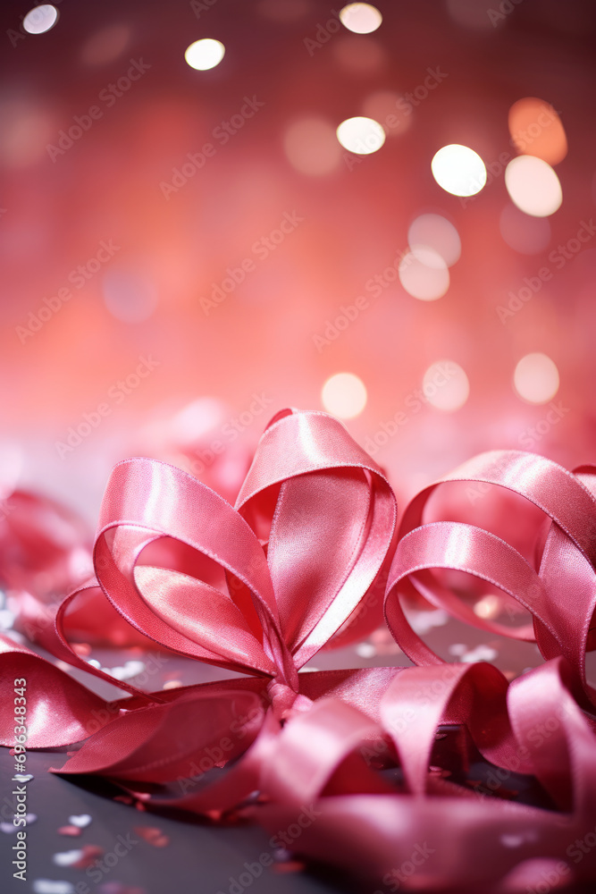 Fondo de luces desenfocadas con lazos rosas vibrantes.