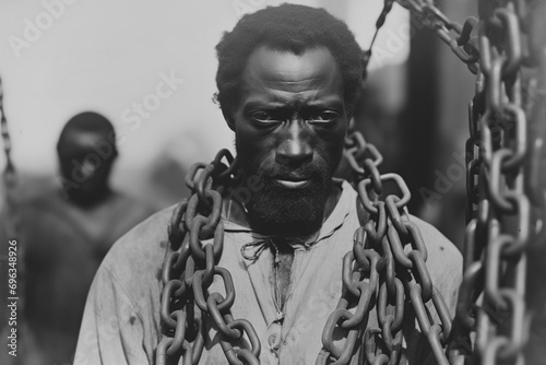 A historic portrait of a black african slave with metal chains