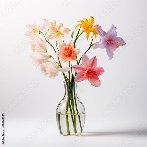 Spring flower in vase over white background, ai technology