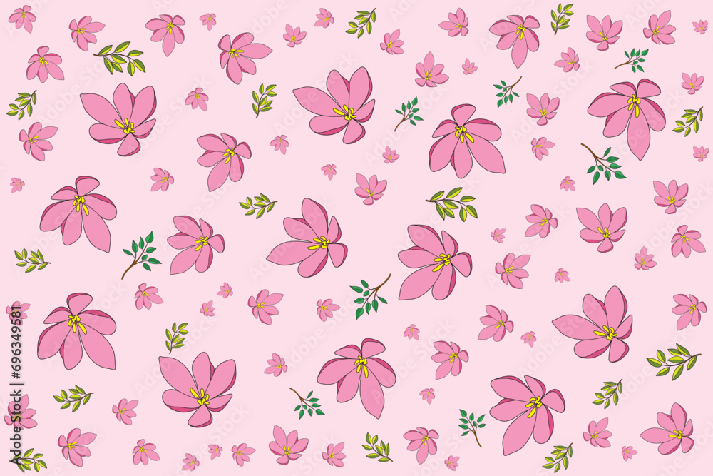 Illustration of the pink flower with leaves on soft pink background.