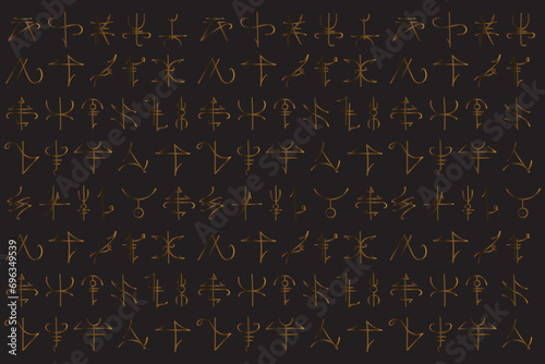Illustration gradient line of the ancient letters on black background. photo