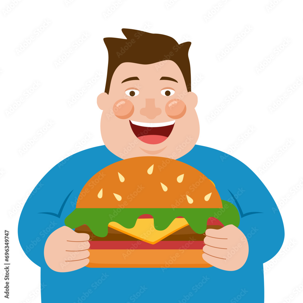 Fat man eating hamburger in flat design on white background. Fat man eating hamburger in flat design on white background.