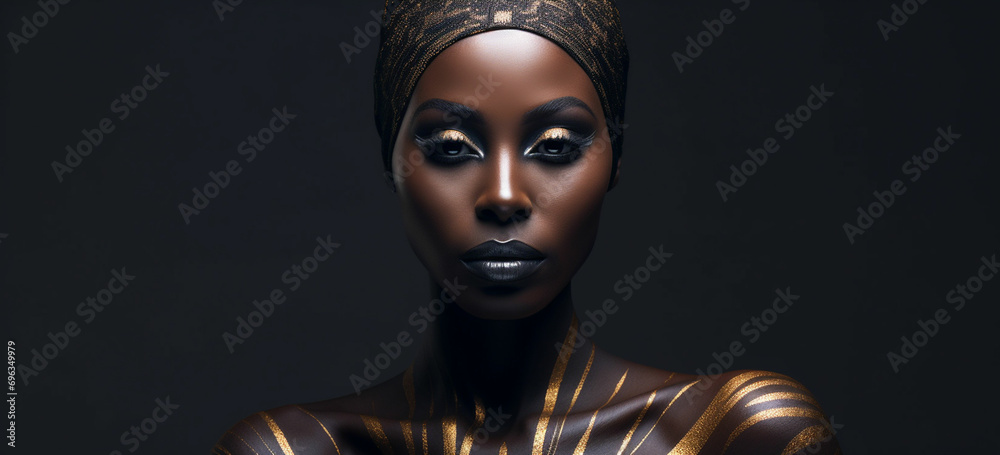 An African woman her jetblack skin high light - obrazy, fototapety, plakaty 