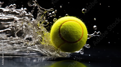 Tennis ball in motion flying fast, bouncing with water drops splashes over dark background. Concept of sport, game, match, championship, background and wallpaper. Banner, ads © master1305