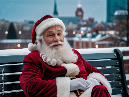 A tired Santa Claus sits on a park bench in the early morning with the city as a backdrop. The morning after the holidays.