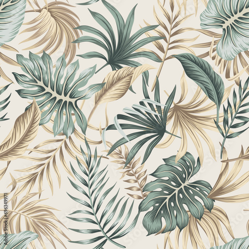 Tropical beige, green palm leaves seamless pattern. Exotic jungle wallpaper. photo