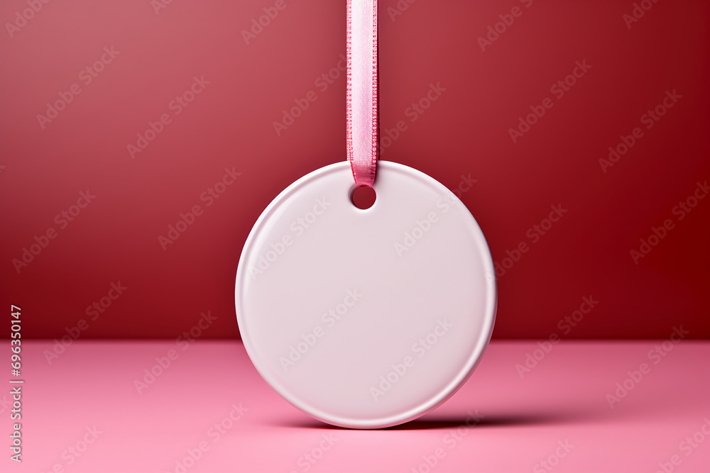 a high-quality photo of a round white gift tag mockup on a pink background, versatile and blank circular price sticker tag, realistic stock mockup, Sale and Black Friday concept, love and wedding them a high-quality photo of a round white gift tag mockup on a pink background, versatile and blank circular price sticker tag, realistic stock mockup, Sale and Black Friday concept, love and wedding them