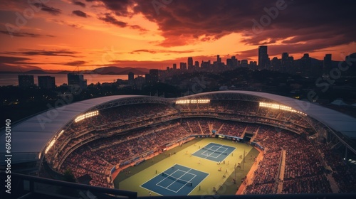 Aerial view of tennis court with tribune over sunset sky background. Sport zone full of people. Open air game. Concept of professional sport, championship, tournament, game photo