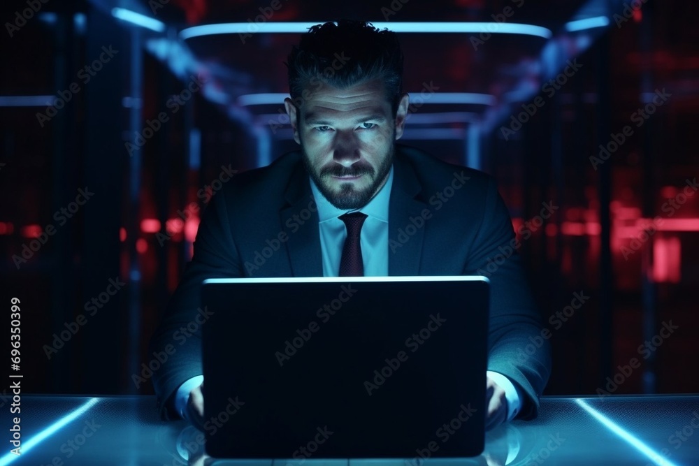 Create a high-resolution photo Late at Night in Private Office Male Businessman Works on a Laptop Computer. He Look at the Camera with Smile. Data Protection Engineering Network for Cyber Security. Bu Create a high-resolution photo Late at Night in Private Office Male Businessman Works on a Laptop Computer. He Look at the Camera with Smile. Data Protection Engineering Network for Cyber Security. Bu