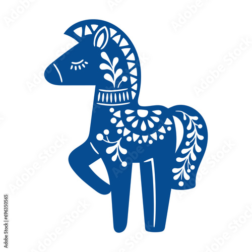 Vector illustration of patterned animal in Nordic style hygge. Silhouette of horse in folk style isolated on white background