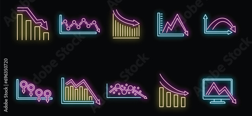 Regression chart icons set. Outline set of regression chart vector icons neon color on black photo