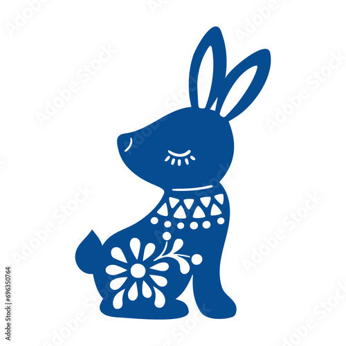 Vector illustration of patterned animal in Nordic style hygge. Silhouette of hare in folk style isolated on white background