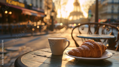 Petit déjeuner parisien, café crème et croissants sur la table en terrasse d'un bistrot typique au petit matin