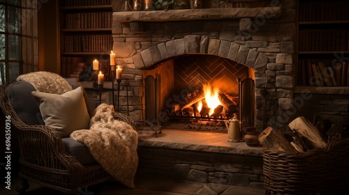 Warm Hearth. Cozy Fireplace with Crackling Flames Casting a Warm Glow