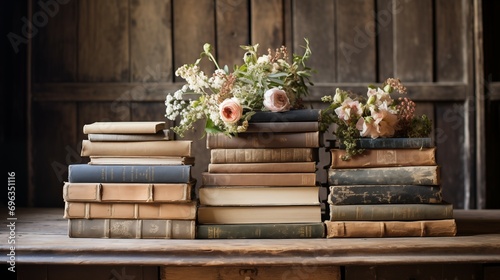 Vintage Artistically Arranged Stack of Vintage Books on a Weathered