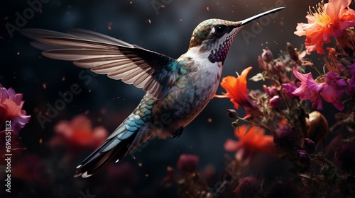 Energetic Hummingbird Hovering Near a Cluster of Vibrant Flowers