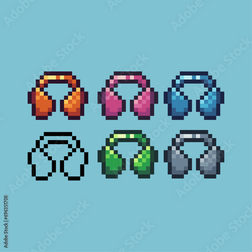 Pixel art sets of headset icon with variation color item asset. Headset icon on pixelated style. 8bits perfect for game asset or design asset element for your game design asset