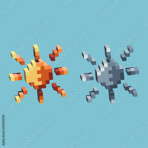 Isometric Pixel art 3d of sun icon for items asset.Sun icon on pixelated style.8bits perfect for game asset or design asset element for your game design asset.
