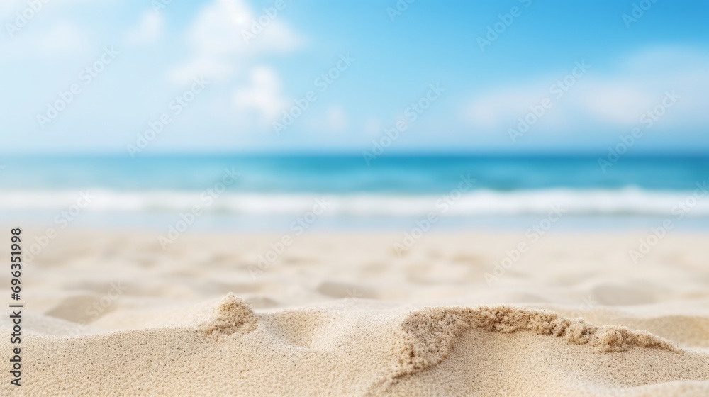 Close-up sand with blurred sea sky background, summer day, copy space for product name. Summer background concept Close-up sand with blurred sea sky background, summer day, copy space for product name. Summer background concept