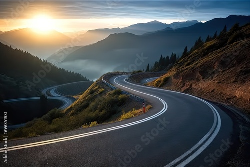 Scenic road trip through nature. Asphalt highway winds picturesque landscape surrounded by lush greenery and rolling hills. Warm tones of sunset cast golden glow over scene creating serene photo
