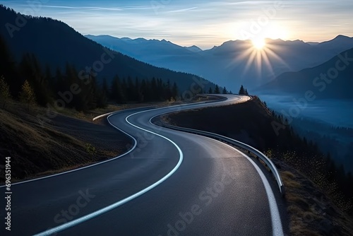 Scenic road trip through nature. Asphalt highway winds picturesque landscape surrounded by lush greenery and rolling hills. Warm tones of sunset cast golden glow over scene creating serene