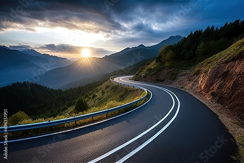 Scenic road trip through nature. Asphalt highway winds picturesque landscape surrounded by lush greenery and rolling hills. Warm tones of sunset cast golden glow over scene creating serene