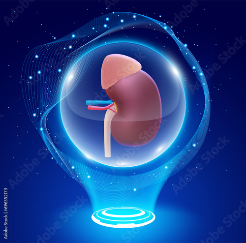 3D illustration of a human kidney in a crystal ball feels magical in giving hope to patients waiting for a kidney transplant. Used in medicine, education, science and industry.