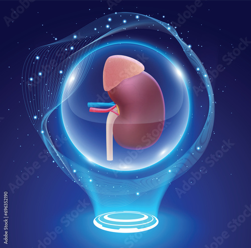 3D illustration of a human kidney in a crystal ball feels magical in giving hope to patients waiting for a kidney transplant. Used in medicine, education, science and industry.