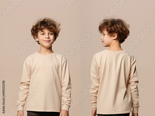 Front and back views of a little boy wearing a beige long-sleeve T-shirt