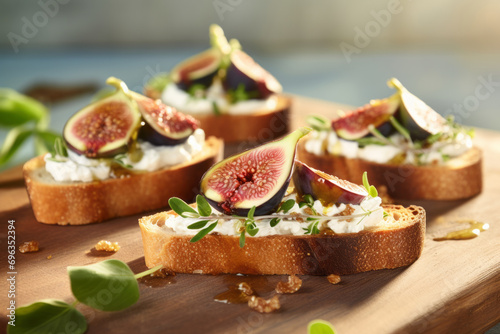 sandwiches with cheese, herbs and figs close up view, healthy eating 