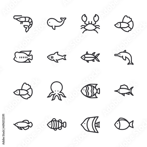 Set of fish sea animal icon for web app simple line design