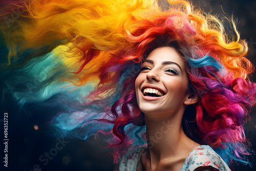 Farbenvielfalt der Sch  nheit  Portr  t einer sch  nen Frau mit buntem Haar f  r individuellen Stil