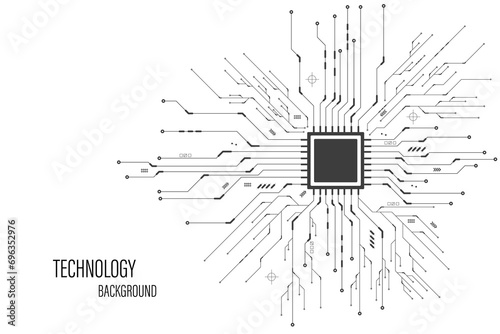 Black circuit diagram on white background. High-tech circuit board connection system.Central Computer Processors CPU concept. technology on white background.	 photo