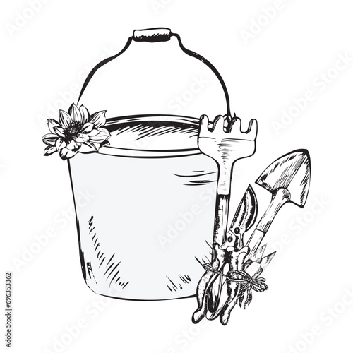 A bucket with garden rake and trowel with a flower. Vector. Hand-drawn ink illustration.