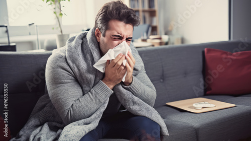 Man with a cold sits on a couch in the living room and blows his nose into a tissue. Cold season flu, coronavirus, winter respiratory infections.