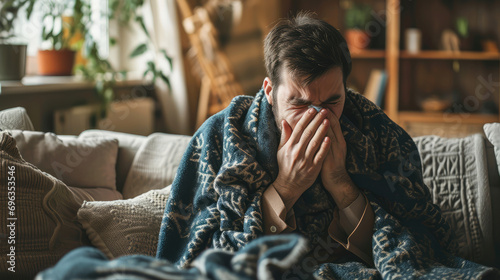 Man in blanket with a cold sits on a couch in the living room and blows his nose into a tissue. Cold season flu, coronavirus, winter respiratory infections. photo