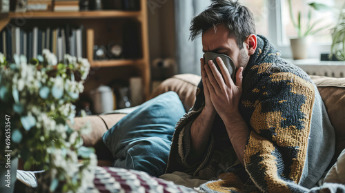Man with a cold sits on a couch in the living room and sneezing his nose into a tissue. Cold season flu, coronavirus, winter respiratory infections. photo