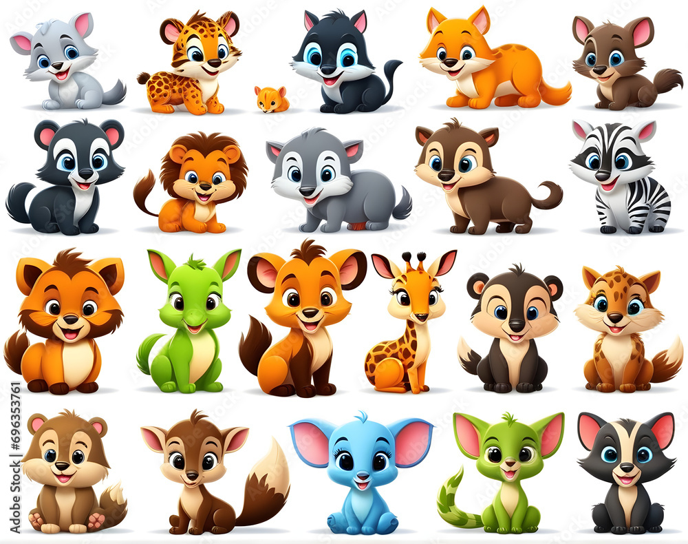 Set of cartoon characters of baby animals. Set of baby animal icons isolated on white background. Cartoon characters design. Color illustration of wild animal world. Generative AI