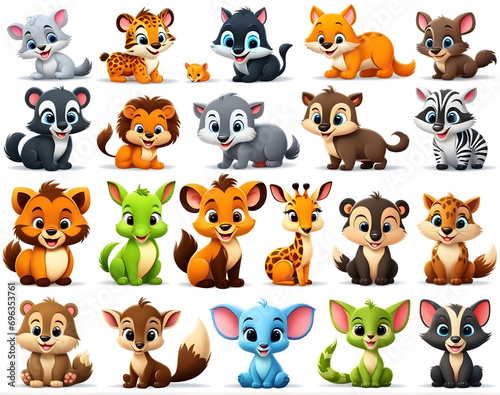 Set of cartoon characters of baby animals. Set of baby animal icons isolated on white background. Cartoon characters design. Color illustration of wild animal world. Generative AI