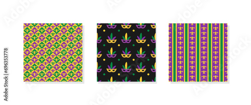 Mardi Gras seamless patterns. Three carnival or masquerade backgrounds. Vector template.