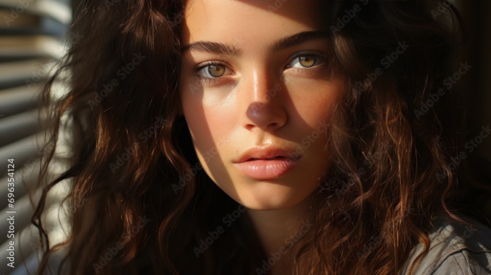 Close-up portrait of beautiful young woman with curly hair with sunlight and shadows on face next to window with bright morning light Close-up portrait of beautiful young woman with curly hair with sunlight and shadows on face next to window with bright morning light
