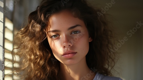 Close-up portrait of beautiful young woman with curly hair with sunlight and shadows on face next to window with bright morning light