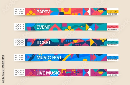 Flat abstract shapes event bracelets template set with colorful geometric shapes