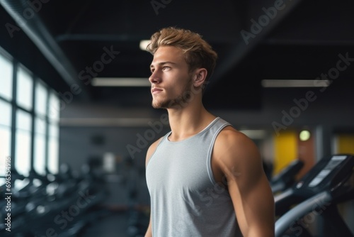 A male fitness trainer or fitness workplace owner standing happily smiling in the gym. healthy lifestyle concept