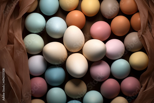 Colorful Easter eggs background. Top view  flat lay. Generative Ai