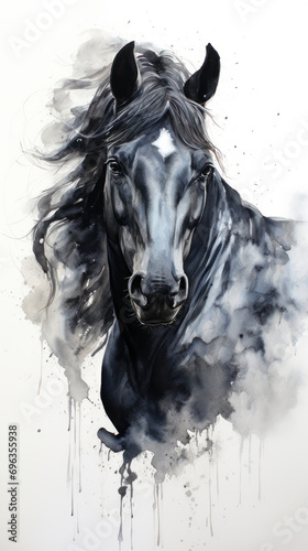 portrait of a watercolor painted black horse