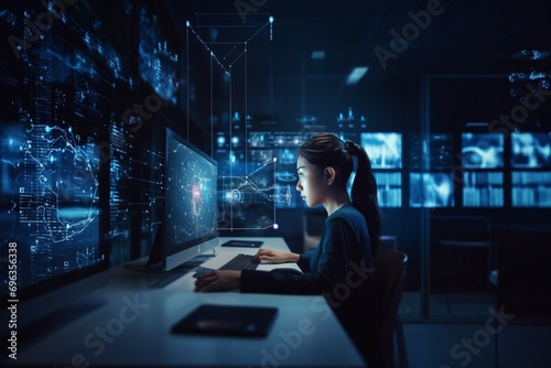Portrait of Asian woman Startup Digital Entrepreneur Working on Computer, Line of Code Projected on Her Face and Reflecting. Software Developer using AI, Big data
