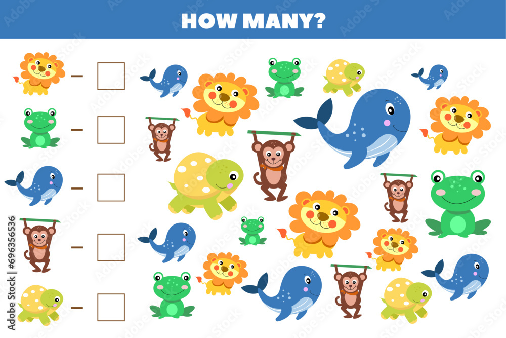 How many animals are there in the picture. Count the number of animals. Math game for children. Puzzle, educational game for children. - obrazy, fototapety, plakaty 