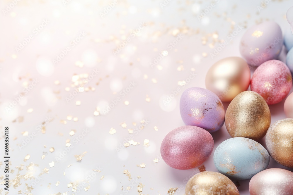Enchanting Easter background with eggs, glitter, bokeh lights and copy space for text. Soft pastel colors. Tranquil and joyful scene. Perfect for holiday-themed designs, greeting cards. Enchanting Easter background with eggs, glitter, bokeh lights and copy space for text. Soft pastel colors. Tranquil and joyful scene. Perfect for holiday-themed designs, greeting cards.